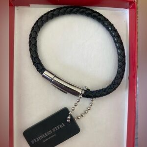 New In Box Men's Black Woven Leather Bracelet with Silver Clasp